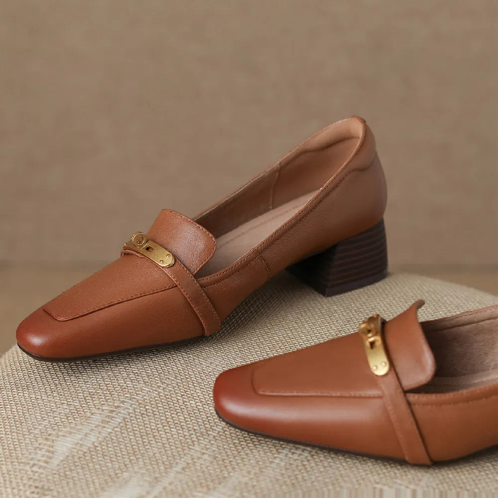 Thérèse Villeneuve | Brown Genuine Leather Low Block Heel Loafers