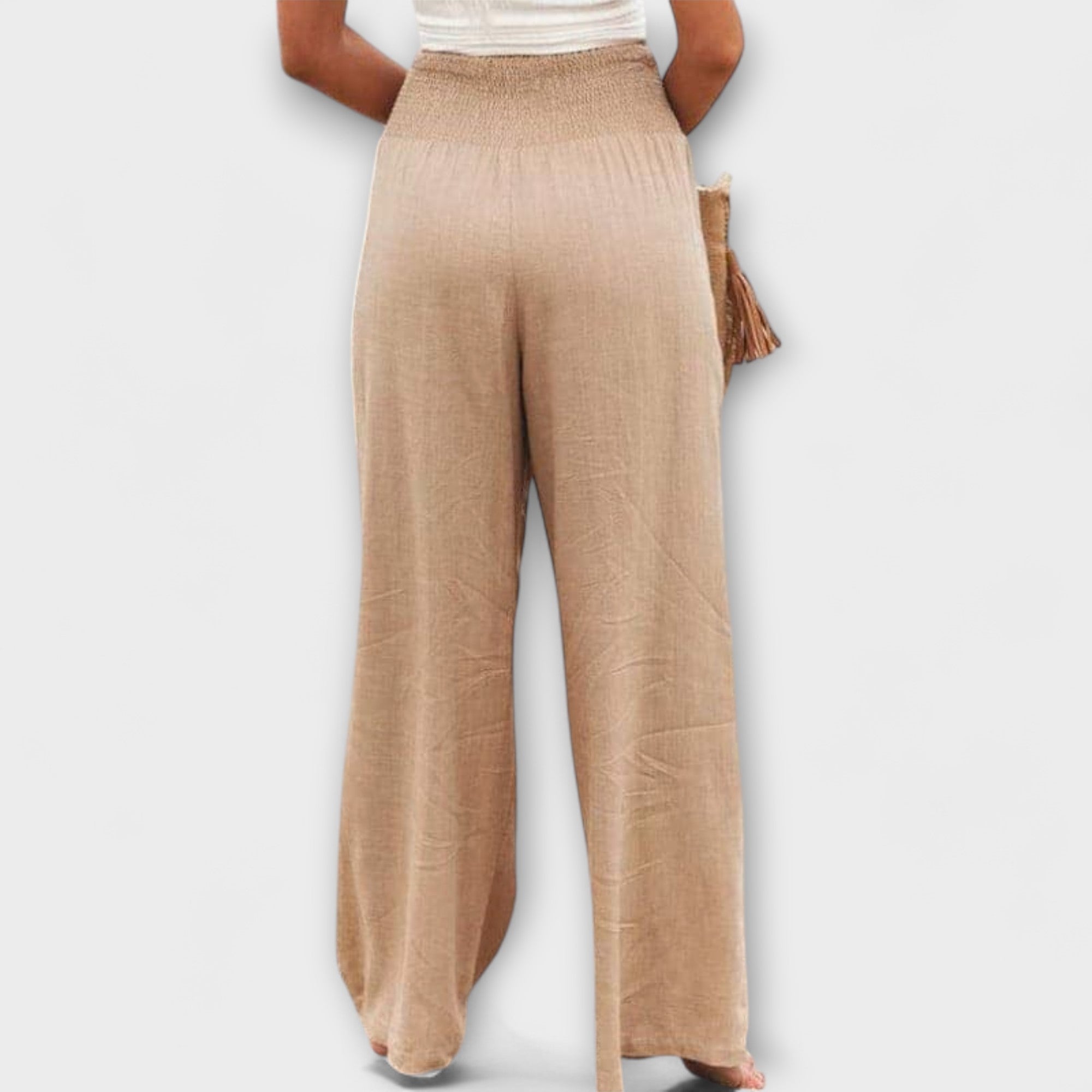 Marguerite Soleil | Coral Wide-Leg Linen Pants with Smocked Waist