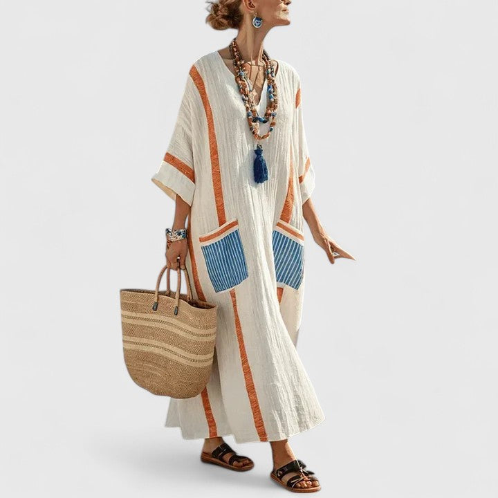 Fleurdelise Montague | V-Neck Striped Linen Maxi Dress with Pockets