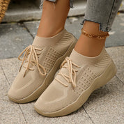 Emmeline Vaudreau | Beige Knit Lace-Up Sneakers for Women