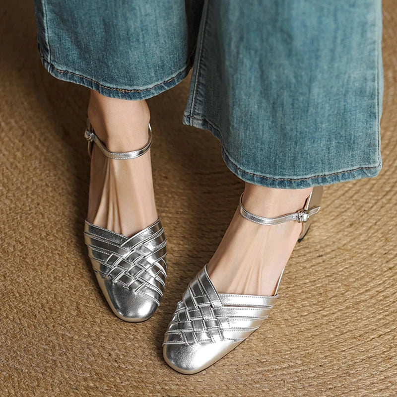 Emmanuelle Davoust | Woven Genuine Leather Block Heel Pumps