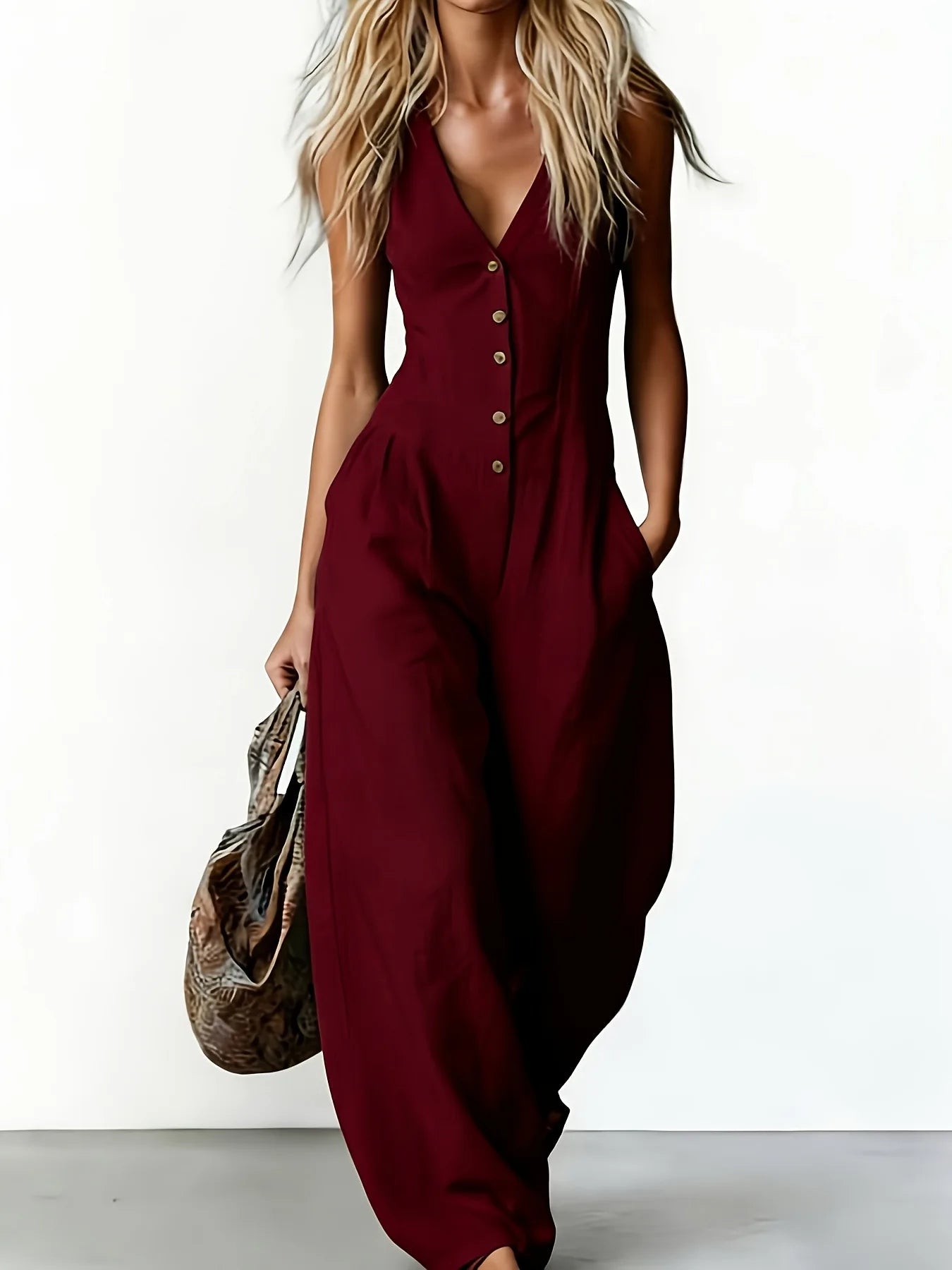 Elena Marciano | Sleeveless V-Neck Linen Jumpsuit For Women