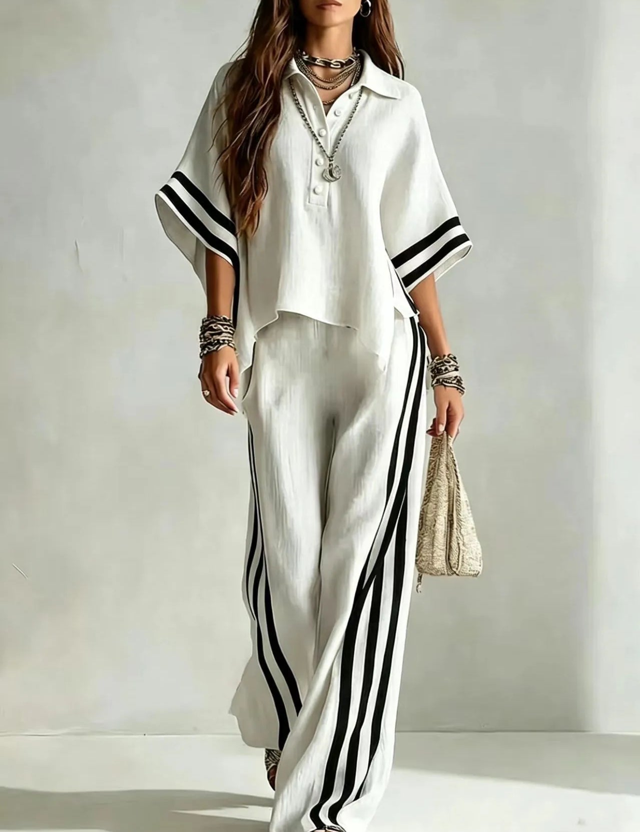 Renata Soleil | Khaki Striped Wide Leg Two-Piece Set For Women