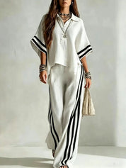 Renata Soleil | Khaki Striped Wide Leg Two-Piece Set For Women