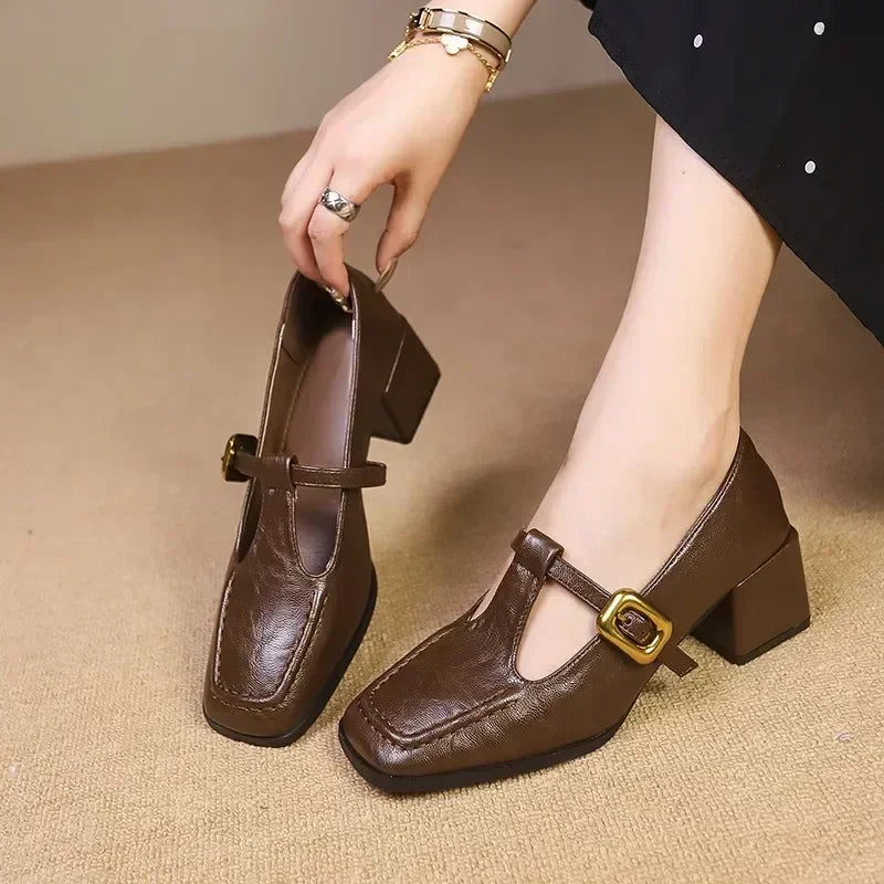 Colette Ravensdale | Brown Square Toe Mary Jane Block Heel