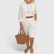 Thalia Renbourne | Coral Pink Linen Blazer & Shorts 2-Piece Set