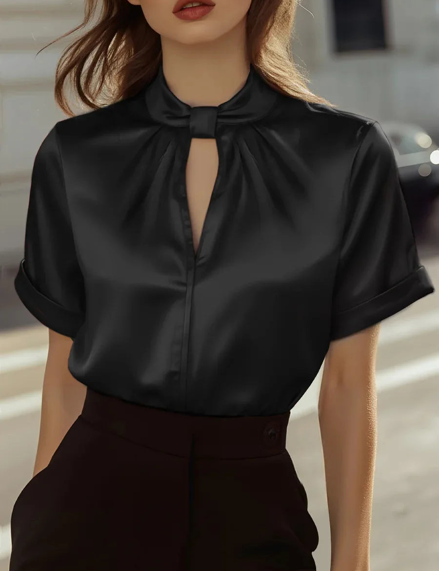 Scarlett Adams | White Satin Keyhole Blouse with Short Sleeves