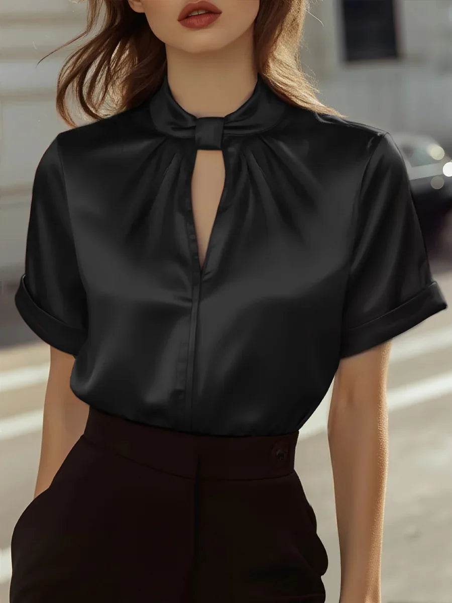 Scarlett Adams | White Satin Keyhole Blouse with Short Sleeves