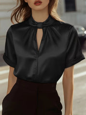 Scarlett Adams | White Satin Keyhole Blouse with Short Sleeves