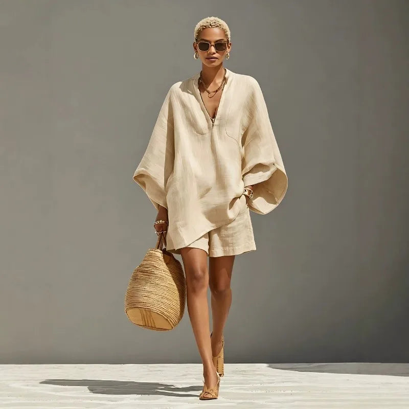 Isabelle Fontaine | Linen Batwing Sleeve Matching Set in Beige