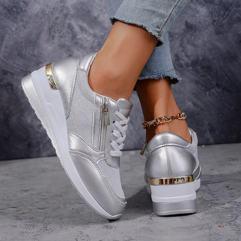 Elara Vanthorpe | Silver Metallic Platform Sneakers with Side Zipper