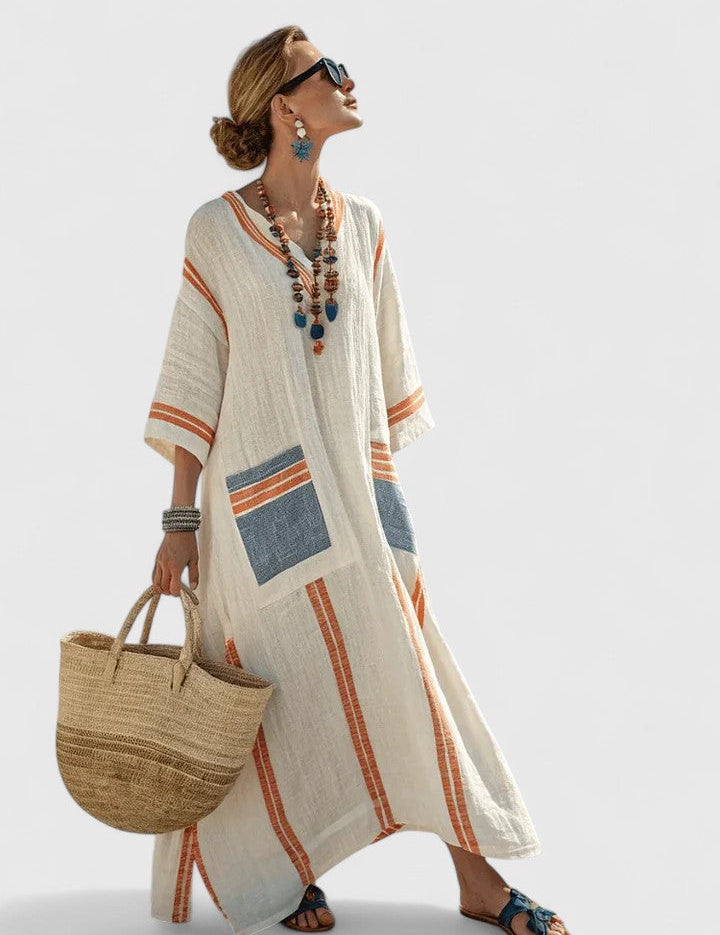 Coralie Deschambault | V-Neck Kaftan Maxi Dress with Stripe Detail