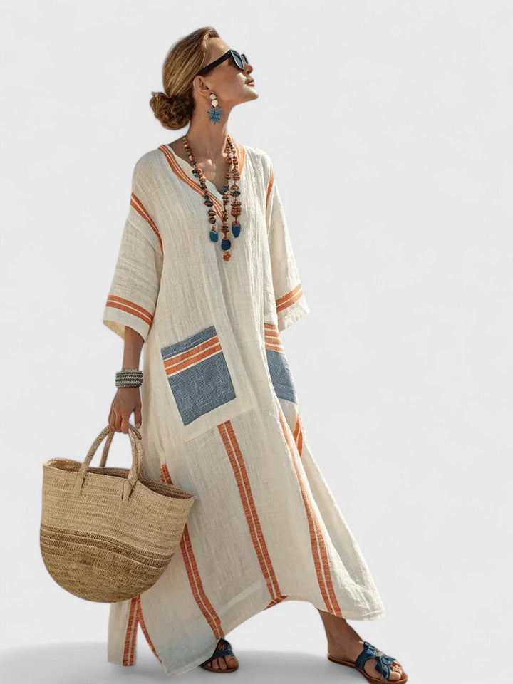 Coralie Deschambault | V-Neck Kaftan Maxi Dress with Stripe Detail