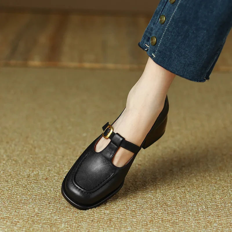 Sylvana Beaumont | Women's T-Strap Mary Jane Shoes Square Toe Low Block Heel