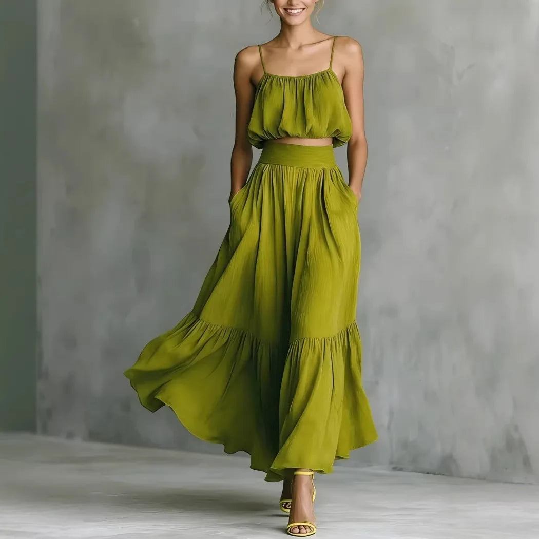 Valentina Greco | Olive Green Flowy Crop Top & Maxi Skirt Set For Women
