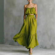 Valentina Greco | Olive Green Flowy Crop Top & Maxi Skirt Set For Women