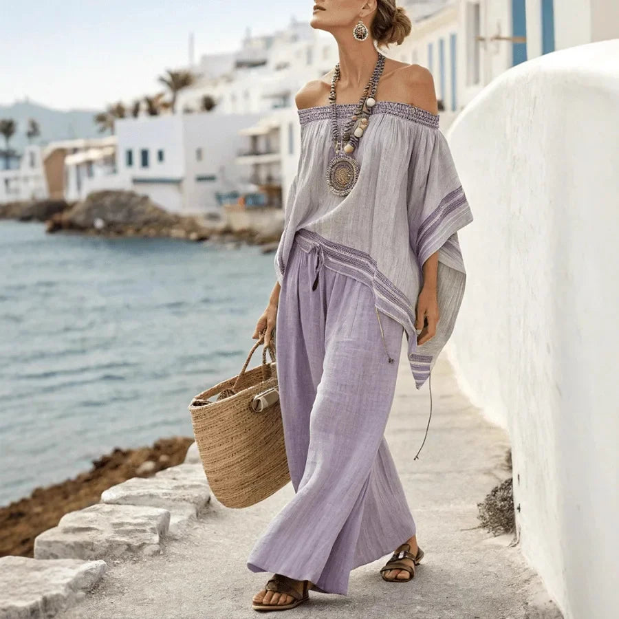 Eloise Marchetti | Off-Shoulder Linen Wide-Leg Matching Set For Women