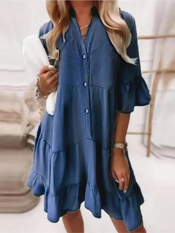 Eleanora Castlemore | Light Blue Tiered Ruffle Mini Dress Button-Down