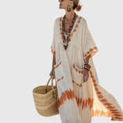 Fleurdelise Montague | V-Neck Striped Linen Maxi Dress with Pockets
