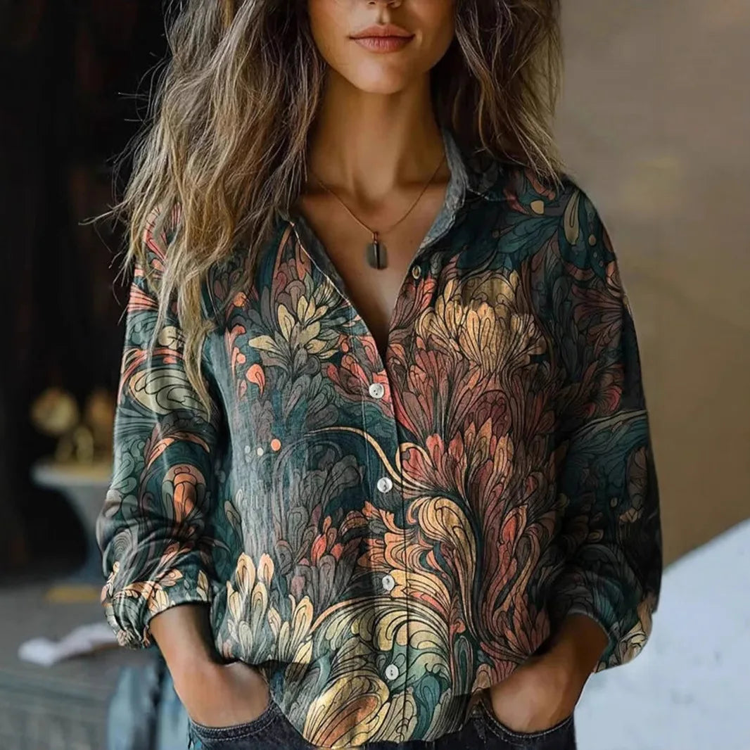 Genevra Winsford | Vintage Floral Print Long Sleeve Button-Down Shirt