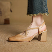 Aurelie Blackmore | Tan Leather Block Heel Slingback Sandal