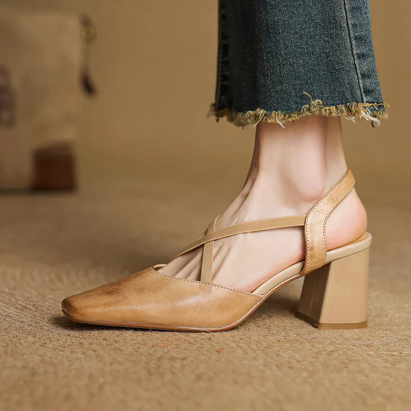 Aurelie Blackmore | Tan Leather Block Heel Slingback Sandal