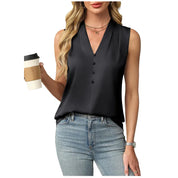 Zoey Anderson | Sleeveless Satin V-Neck Blouse in Camel