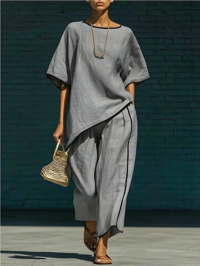 Nora King | Linen Cropped Wide Leg Pant Set in Blue