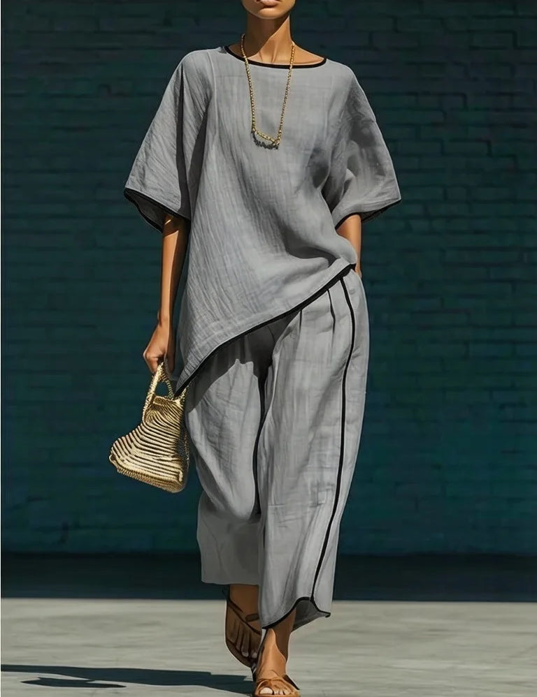 Nora King | Linen Cropped Wide Leg Pant Set in Blue