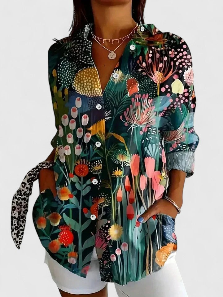 Celestine Beauvard | Colorful Floral Print Long Sleeve Blouse