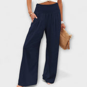 Marguerite Soleil | Coral Wide-Leg Linen Pants with Smocked Waist