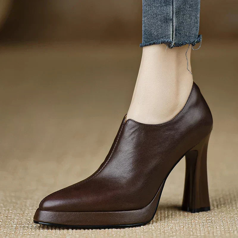 Auriane Blackmoor | Women's Platform Block Heel Pump with Side Zipper in Brown