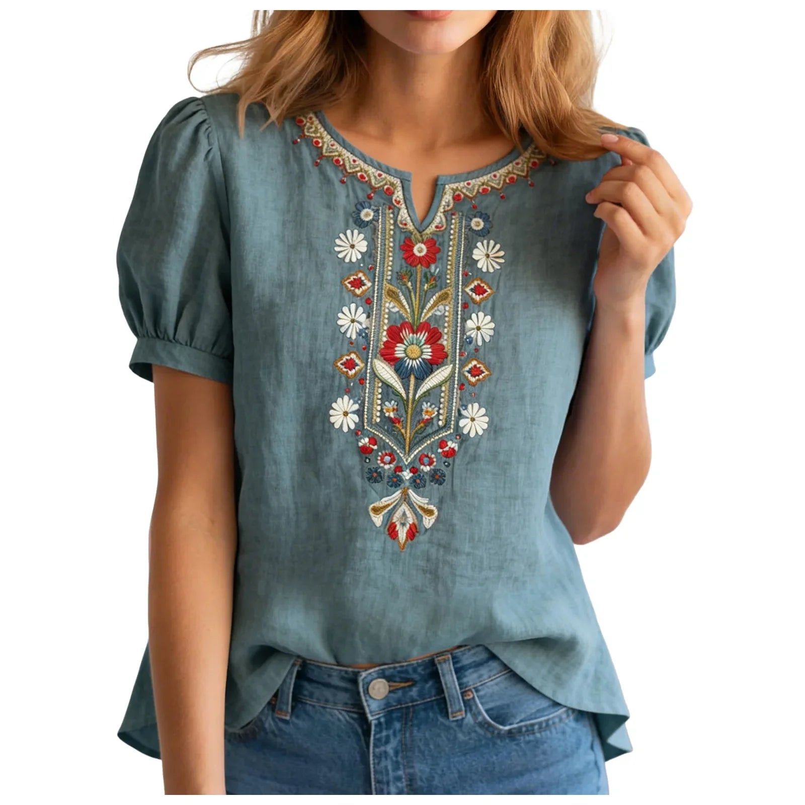 Rosanne Bellefleur | Floral Embroidered Linen Blend Blouse For Women