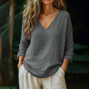 Aubrey Nelson | Cotton Linen V-Neck Long Sleeve Casual Top For Women