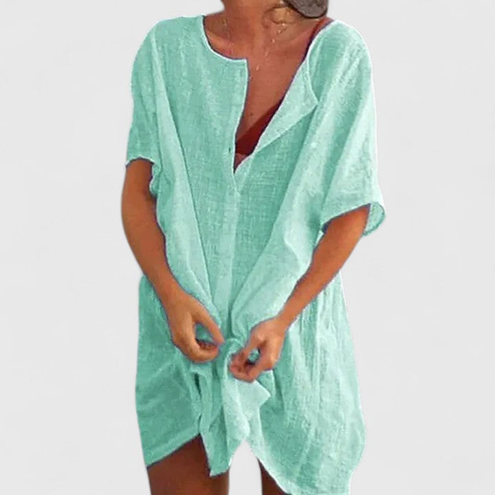 Celinda Marchbourne | White Linen Tunic Dress Short Sleeve