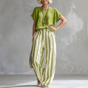 Zoey Walker | Linen Cotton Wide-Leg Striped Two-Piece Set