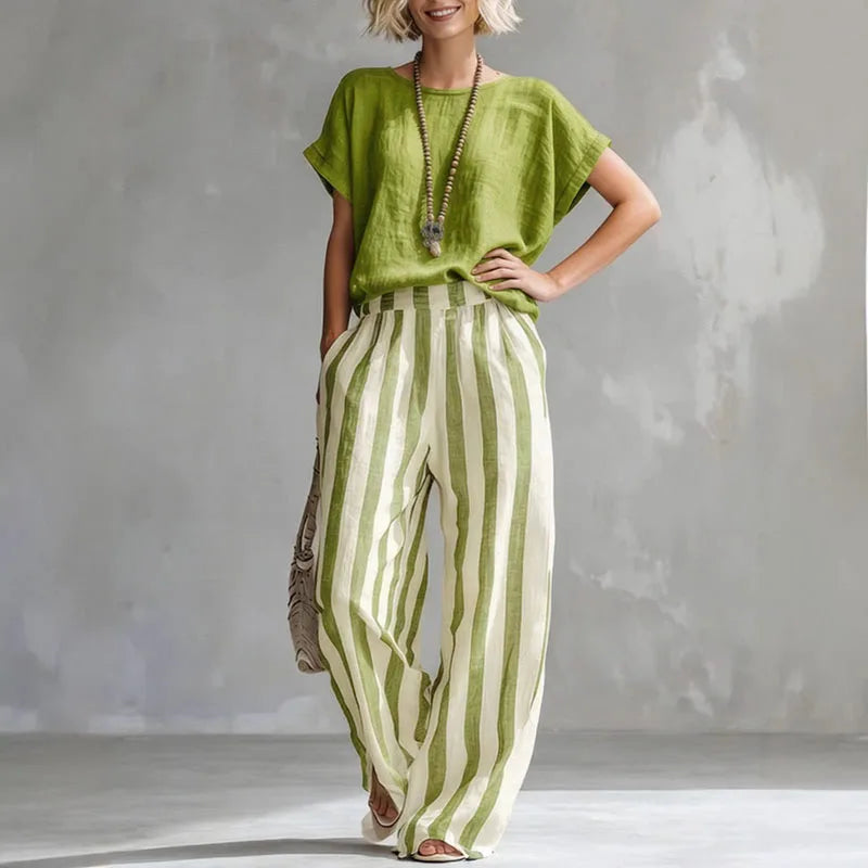 Zoey Walker | Linen Cotton Wide-Leg Striped Two-Piece Set