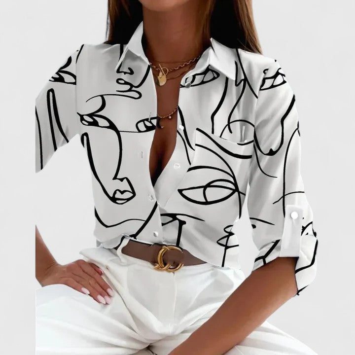 Céleste Vaudreuil | Geometric Print Long Sleeve Button-Up Blouse