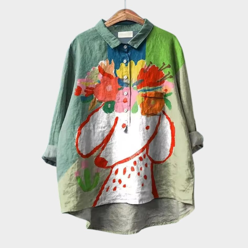 Catalina Beauvois | Purple Cartoon Dog Print Linen Blouse
