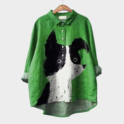Catalina Beauvois | Purple Cartoon Dog Print Linen Blouse