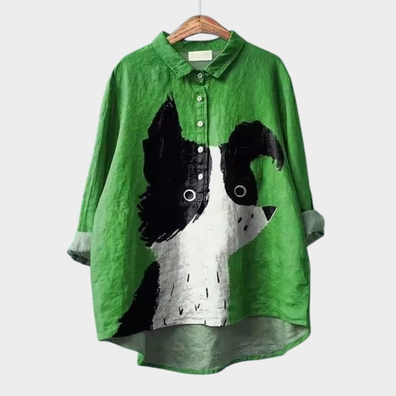 Catalina Beauvois | Purple Cartoon Dog Print Linen Blouse