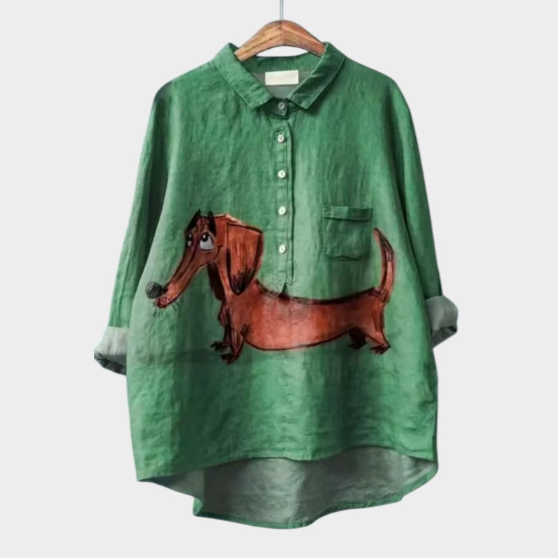 Catalina Beauvois | Purple Cartoon Dog Print Linen Blouse