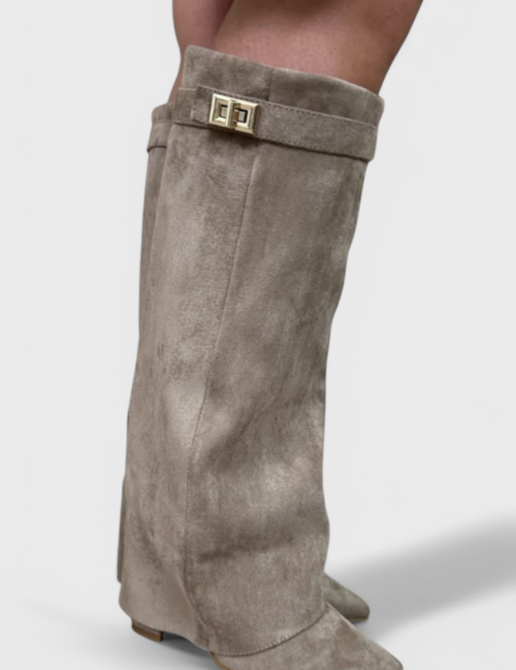 Isolde Farnsworth | Cream Suede Fold-Over Knee-High Boots