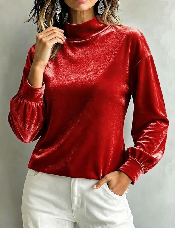Priscilla Anjou | Velvet High Neck Blouse For Women