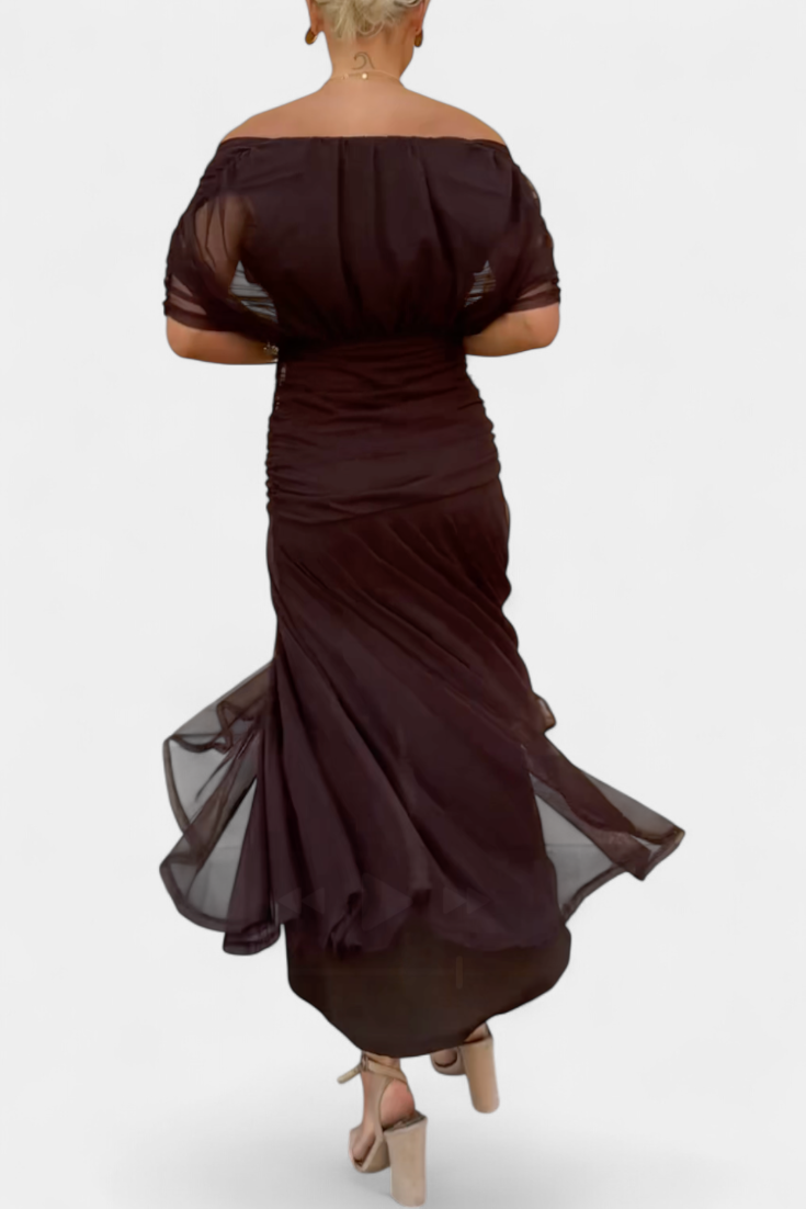 Seraphina Dunvale | Brown Off-Shoulder Ruched Maxi Dress