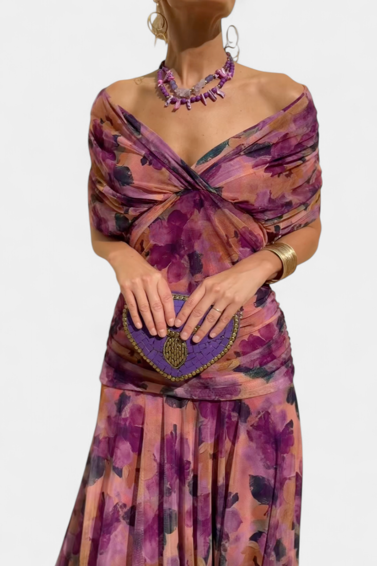 Seraphina Dunvale | Brown Off-Shoulder Ruched Maxi Dress