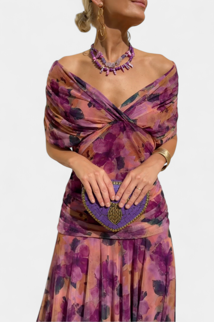 Seraphina Dunvale | Brown Off-Shoulder Ruched Maxi Dress