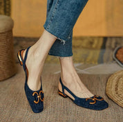 Aurelia Dawnbridge | Navy Blue Suede Slingback Sandals with Gold Buckle