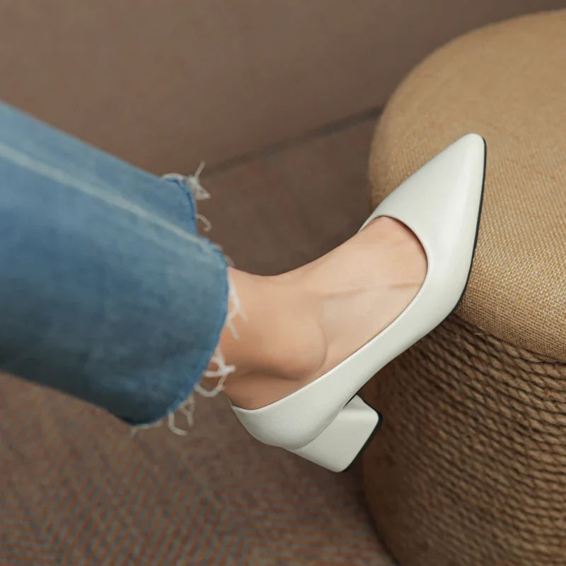 Arabella Kensington | White Block Heel Pointed-Toe Pumps