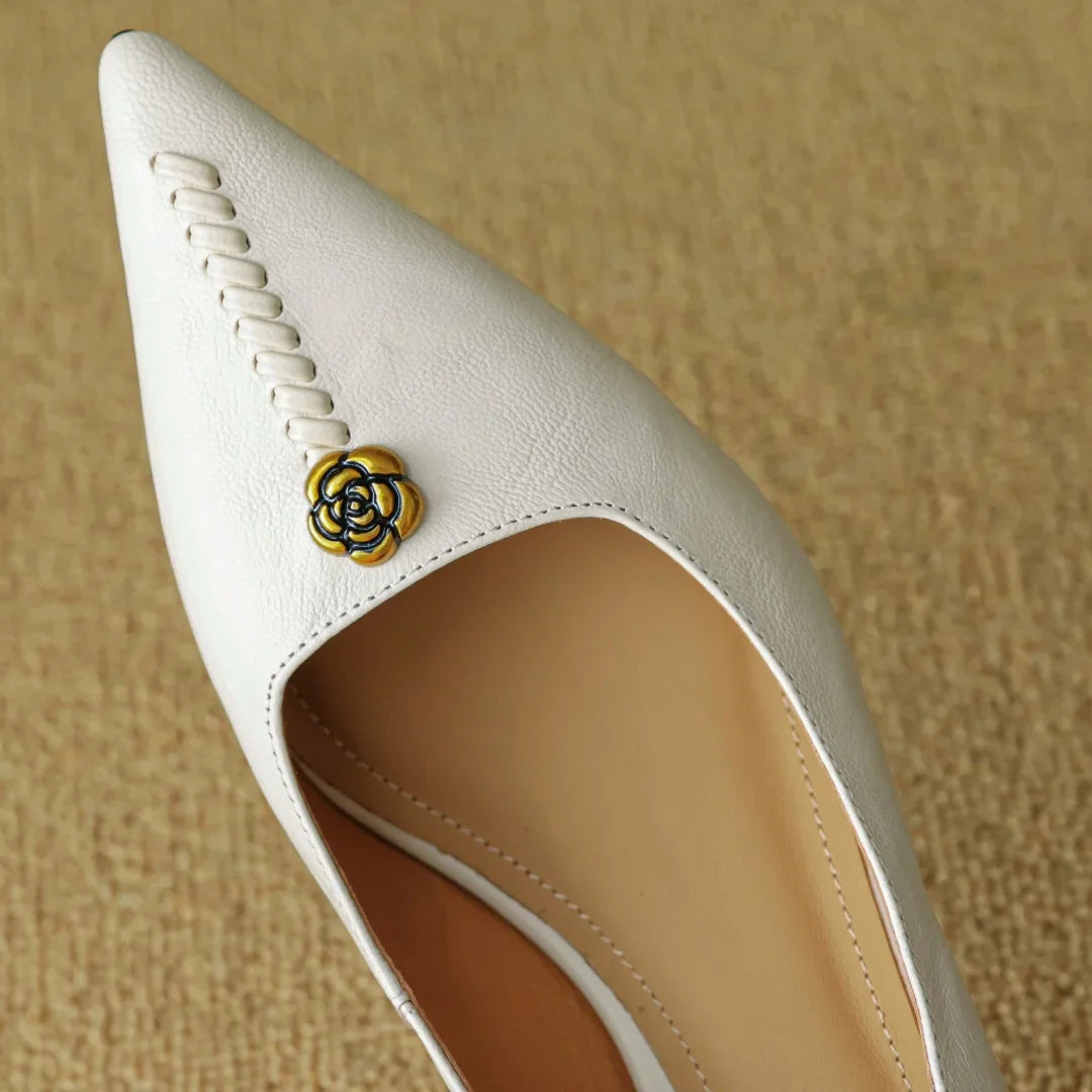 Violette Sanscourt | Burgundy Leather Pointed-Toe Heels with Gold Rose Detail